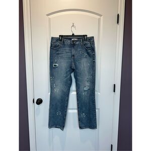CAbi Women's Boyfriend Jeans in Faded Blue with Distressed Detail